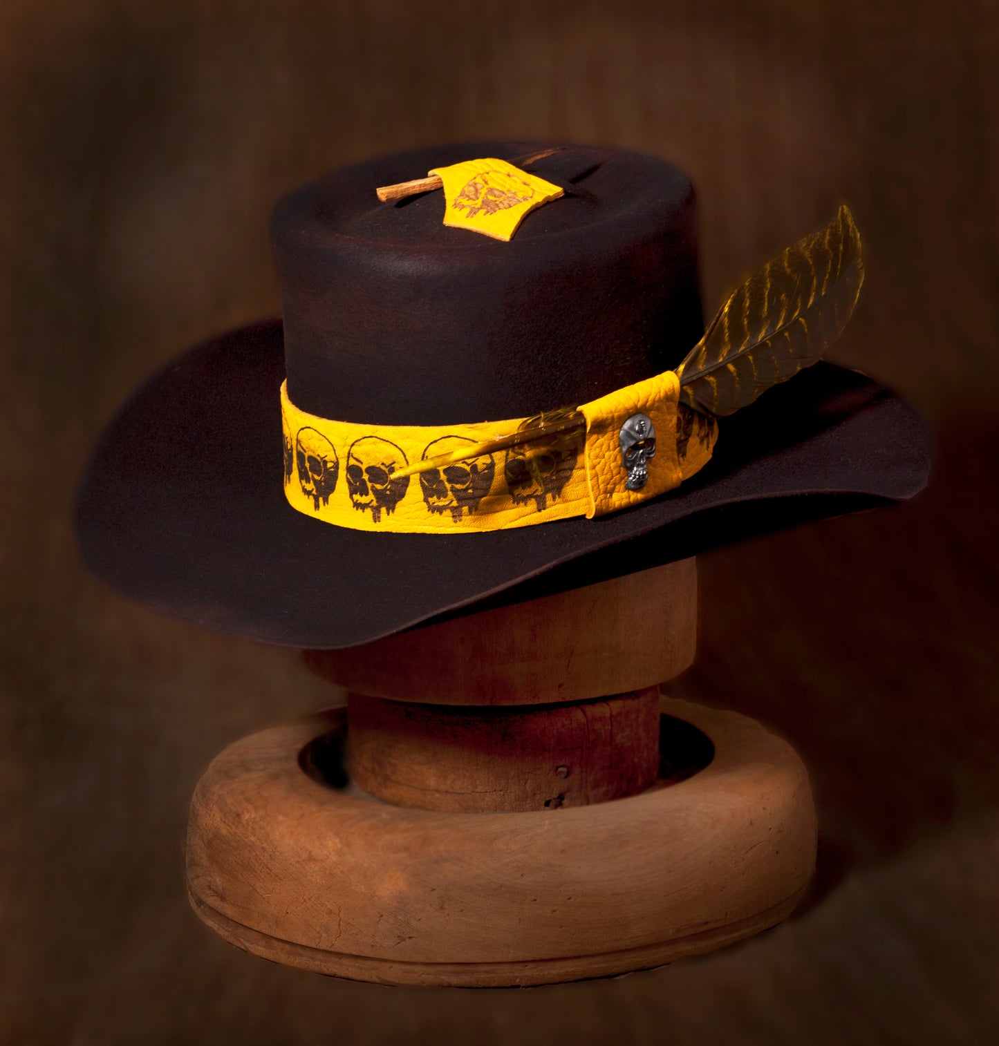 Stan Gaz Handmade 100% beaver fur felt, made in USA. Custom branded leather hat band. Silver skull hat pin, hand shaped, patina, distressed with leather sweat and silk lining. Hat is available in Medium. It can be custom made in whatever size needed.