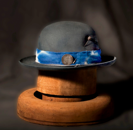 Stan Gaz Handmade 100% beaver fur felt, made in USA. Custom dyed, blocked and shaped. Silver pins and tie dye hat band. Hat is available in Medium. It can be custom made in whatever size needed.