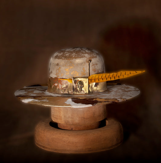 Stan Gaz Handmade 100% beaver fur felt, made in USA. Hand dyed, hand painted, metallic gold paint on leather, selected burns on hat body, carved gold plated skull, gold plated bubble blower, gold pheasant feather. Hat is available in Small. It can be custom made in whatever size needed.