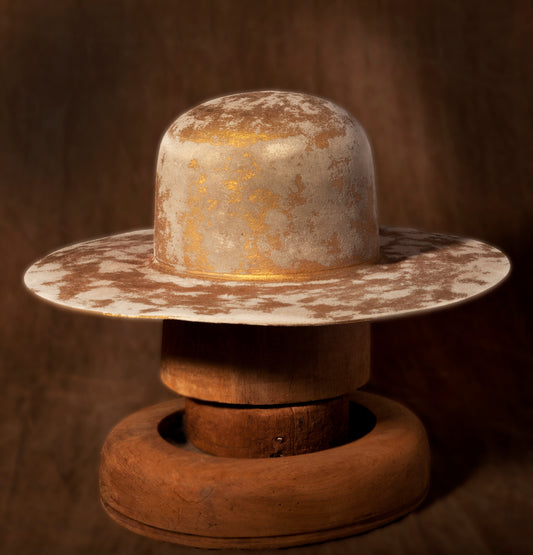 Stan Gaz Handmade 100% beaver fur felt, made in USA. Plain shaped hat with metallic gold paint. Leather sweat and silk lining. Hat is available in Small. It can be custom made in whatever size needed.