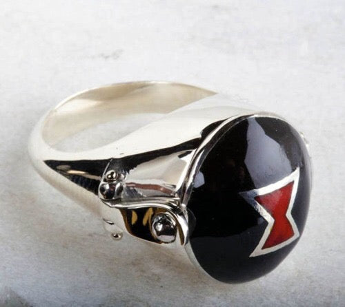 Handmade black widow ring, silver with enamel. The ring opens up for a small secret compartment. This ring can be custom made in any ring size requested.