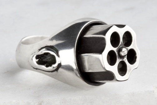 Handmade gun ring, solid silver, revolver spins, custom antique patina. With or without trigger. This ring can be custom made in any ring size requested.