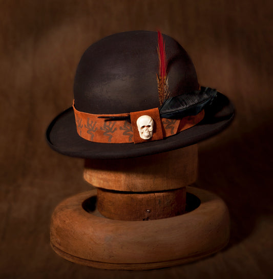 Stan Gaz Handmade 100% beaver fur felt, made in USA. Hand branded Joshua Tree drawing on suede leather hat band. Bone carved skull, hand sewn, distressed, hand shaped. Custom silk lining, leather sweat band. Unique wearable art. Hat is available in Medium. It can be custom made in whatever size needed.