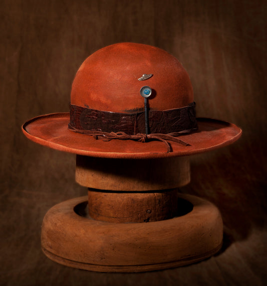 Stan Gaz Handmade 100% beaver fur felt, made in USA. Hand shaped and dyed. Custom made branded leather hat band, silver radio telescope hat pin, silver UFO pin. Custom leather sweat band and silk lining. Hat is available in Medium. It can be custom made in whatever size needed.