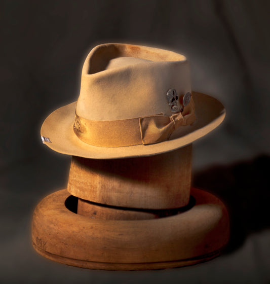 Stan Gaz Handmade 100% beaver fur felt, made in USA. Hand shaped, sewn and distressed. Silver skull hat pin, silver camera man hat pin. Leather sweat with silk lining. Hat is available in Large. It can be custom made in whatever size needed.