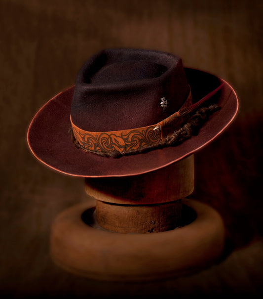 Stan Gaz Handmade 100% beaver fur felt, made in USA. Branded drawing into suede hat band. Silver hat pin, hand shaped, hand sewn, hand dyed and custom patina. Leather sweat band and silk lining. Hat is available in Medium. It can be custom made in whatever size needed.