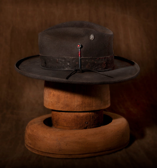 Stan Gaz Handmade 100% beaver fur felt, made in USA. Hand made with branded leather hat band. Custom shaped, silver radio telescope hat pin, silver cameraman hat pin, leather sweat band and silk lining. Hat is available in Large. It can be custom made in whatever size needed.