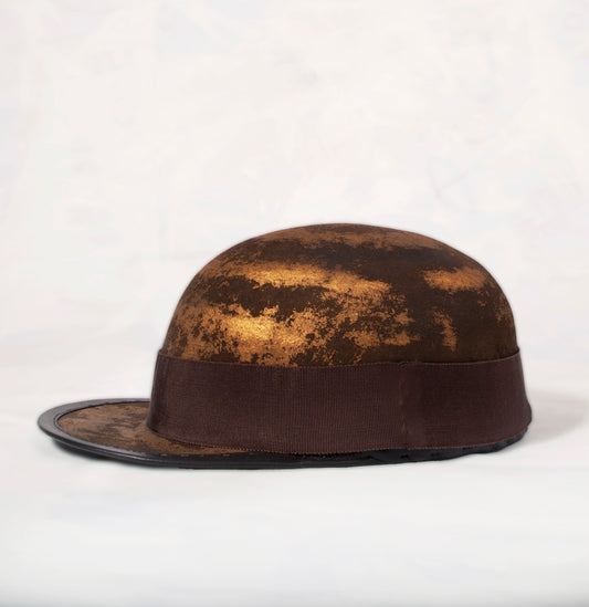 Stan Gaz Handmade 100% beaver fur felt, made in USA. Hand blocked and shaped. Gold metallic paint and braided leather hat band, leather sweat. Hat is available in Large. It can be custom made in whatever size needed.