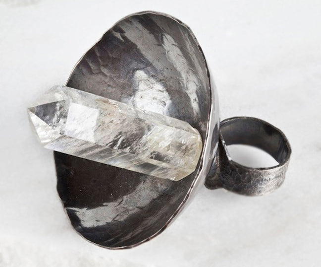 Handmade silver radio telescope ring with quarts crystal. Antique patina and hammered silver. This ring can be custom made in any ring size requested.