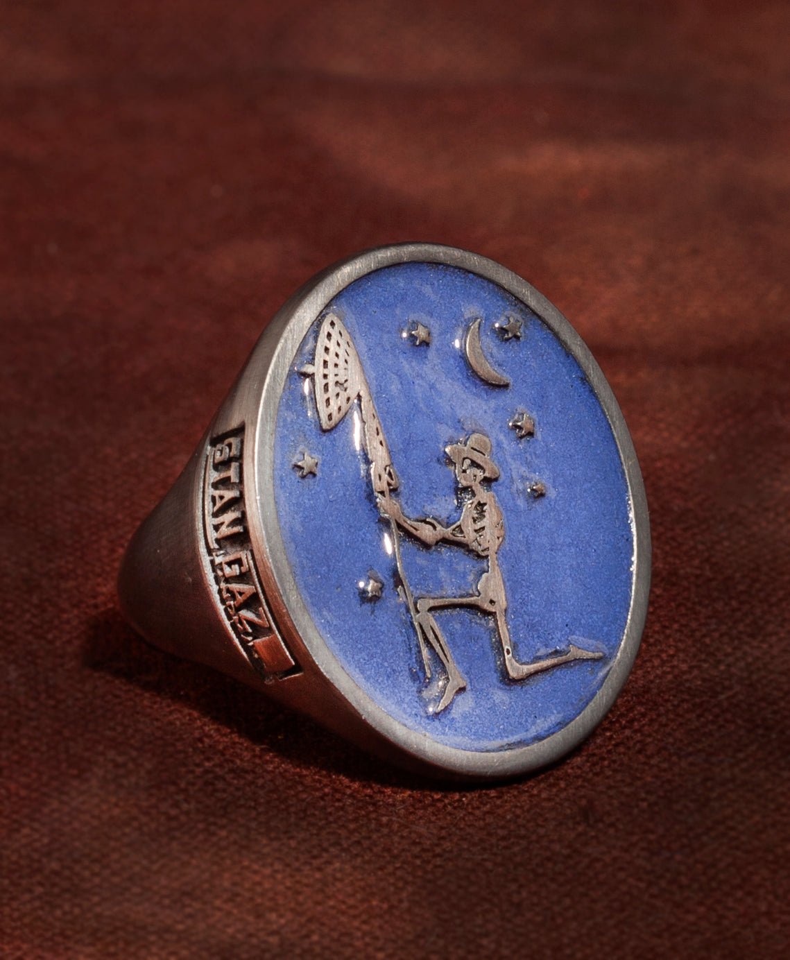 Skeleton Blue Enamel signet ring