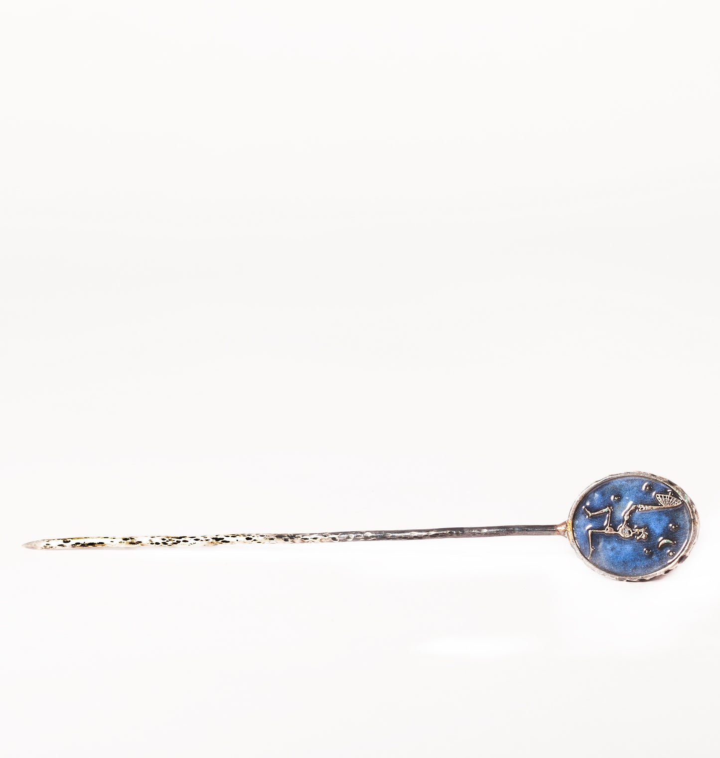 Silver skeleton blue enamel hand crafted hat pin.