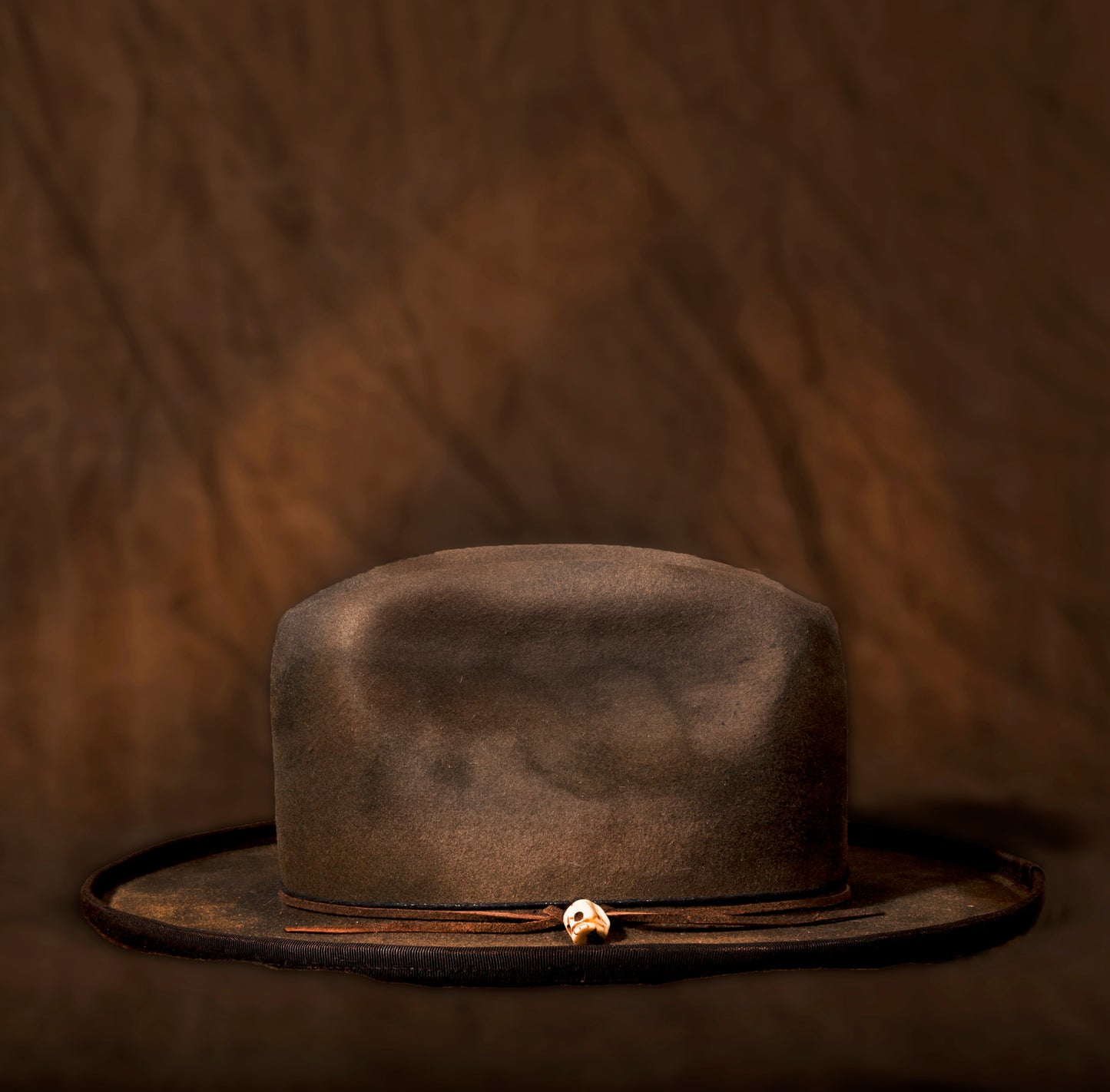 Stan Gaz Handmade 100% beaver fur felt, made in USA. Hand shaped, patina, distressed with leather sweat band and silk lining. Hat is available in Large. It can be custom made in whatever size needed.