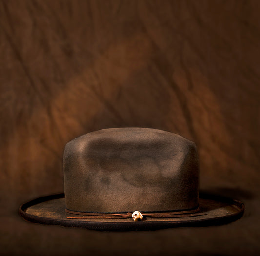 Stan Gaz Handmade 100% beaver fur felt, made in USA.  Hand shaped, patina, distressed with leather sweat band and silk lining.  Hat is available in Large. It can be custom made in whatever size needed.