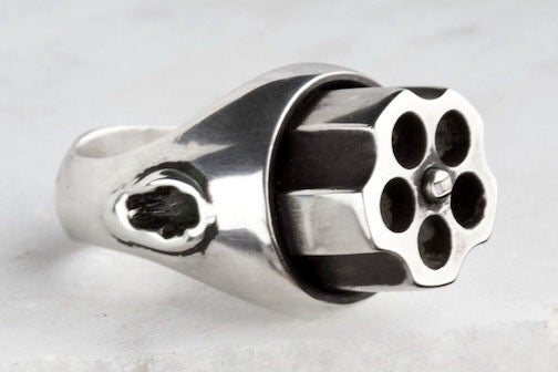 Handmade gun ring, solid silver, revolver spins, custom antique patina. With or without trigger.     This ring can be custom made in any ring size requested. 