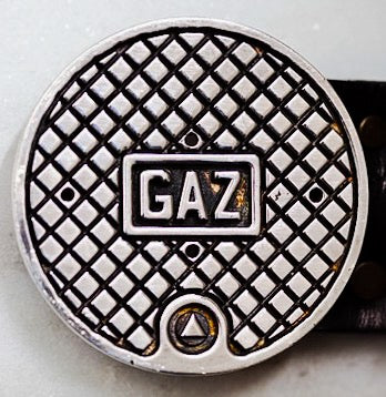 Handmade silver GAZ belt buckle. Inspired by the Paris man hole covers.