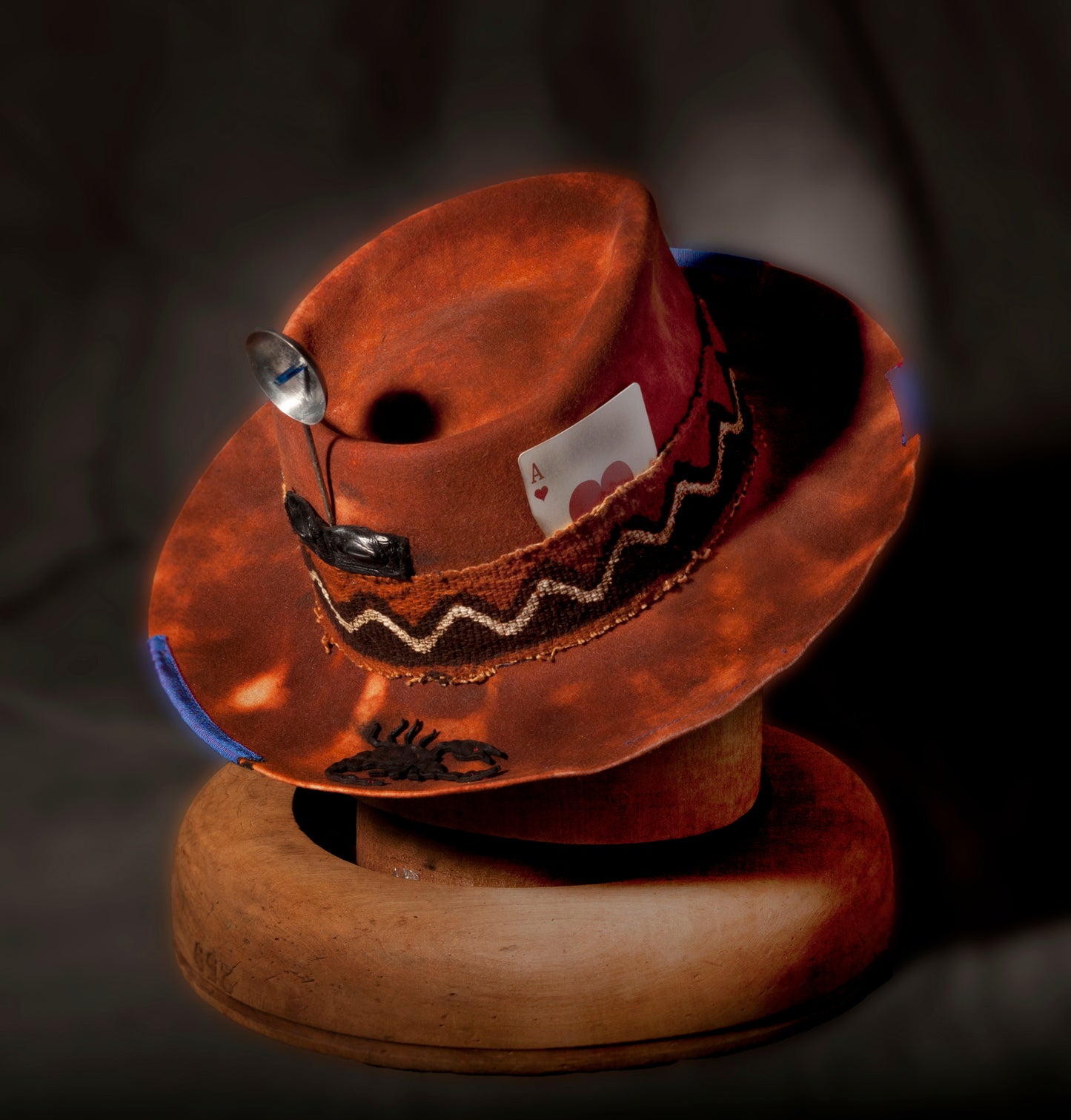 Stan Gaz Handmade 100% beaver fur felt, made in USA.  Amber stone sewn into a vintage hat band. Crocodile hat pin holder, hand dyed with leather hat sweat band.  Hat is available in Large. It can be custom made in whatever size needed. 