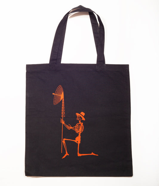 Skeleton & logo on black canvas bag.