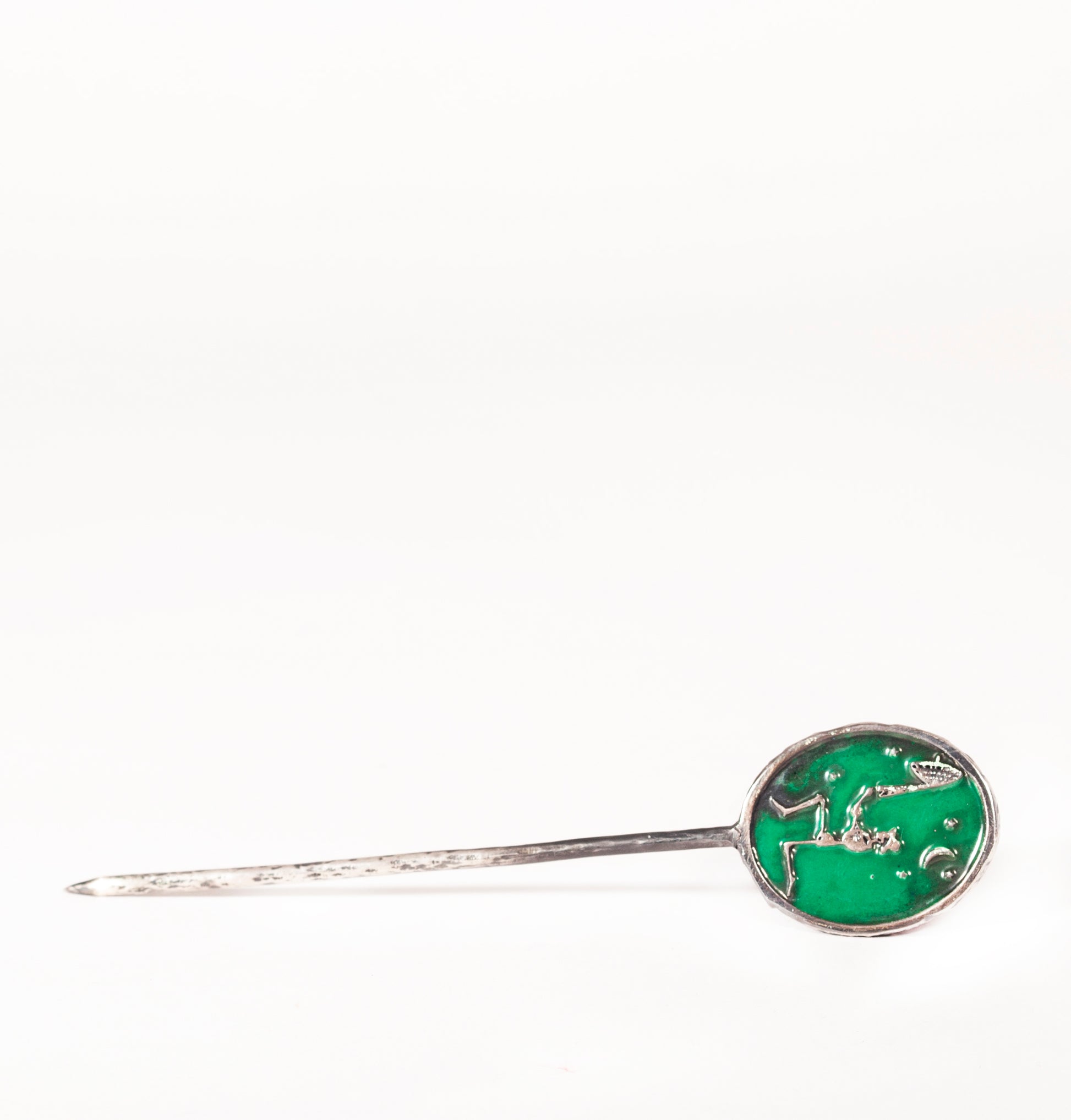 Silver, patina & green enamel hand crafted hat pin.