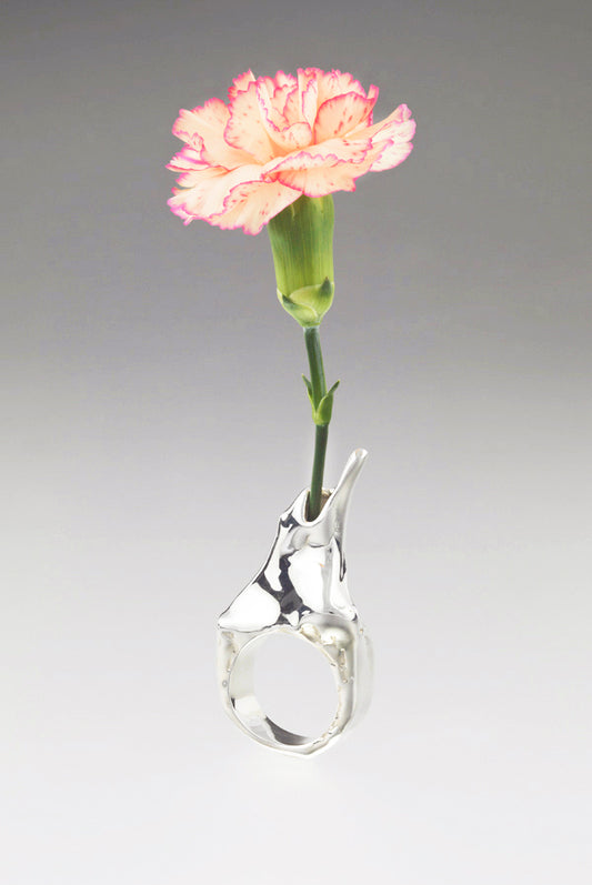 Silver Vase Ring custom made with each piece being a one of kind sculpture for your hand. Inspired by nature and the planet we live on once called Spaceship Earth.